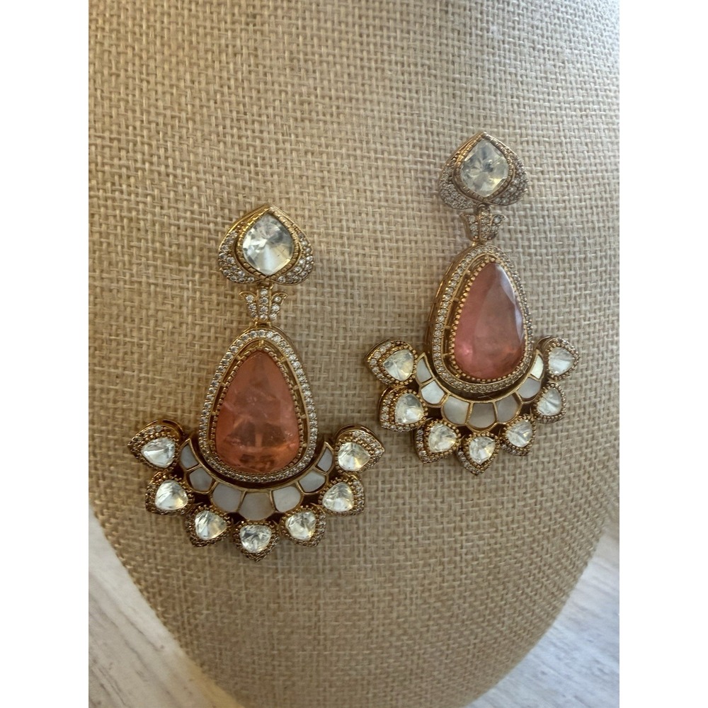 Gold-Tone Pink Teardrop Statement Earrings